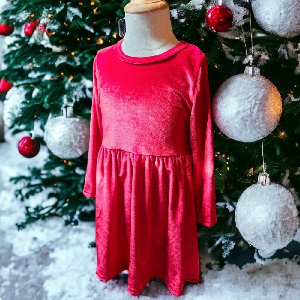 3-5T Girls Classic Long Sleeve Holiday Red Stretch Velvet Christmas Twirl Dress